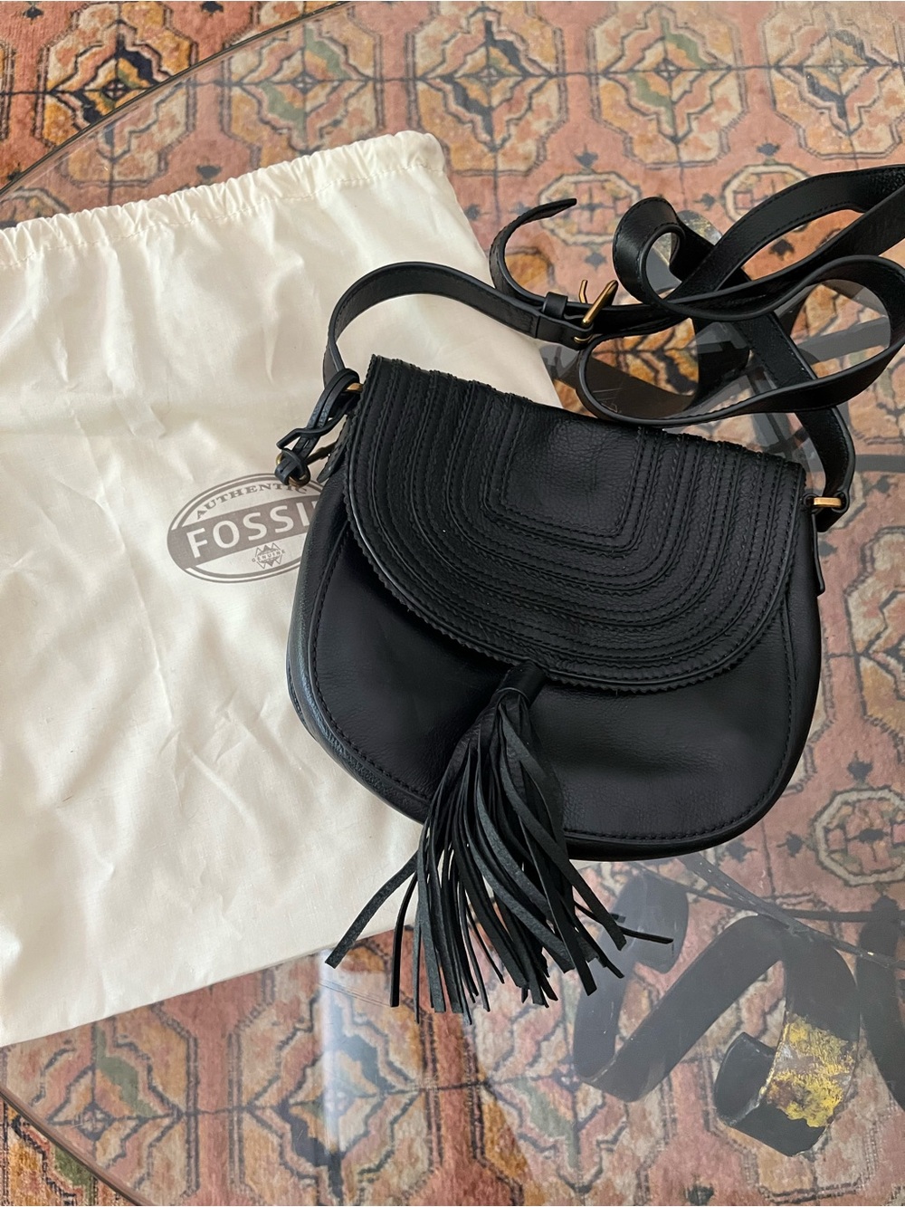 New Fossil Black Leather Crossbody Saddle Bag with Tassel
